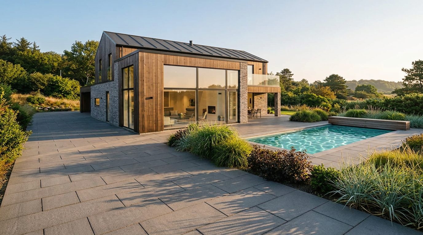 Moderne villa med nylagt flisebelægning og pool en lun sommeraften